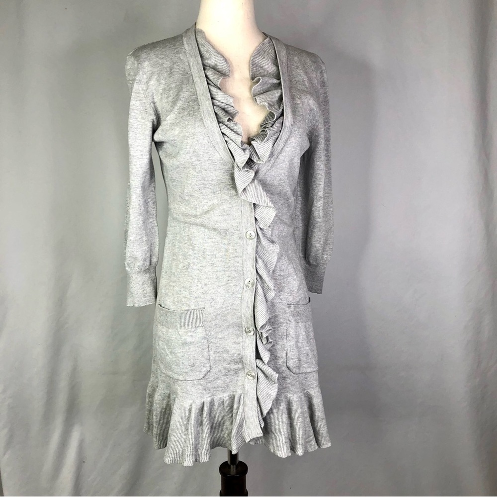 Tabitha sweater long cardigan ruffle neck elbow length sleeves pockets v-neck M